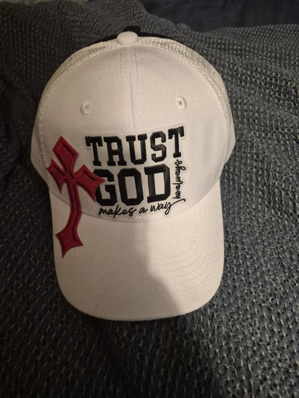 White 'Trust God' Embroidered Baseball Cap with Red Cross Accent